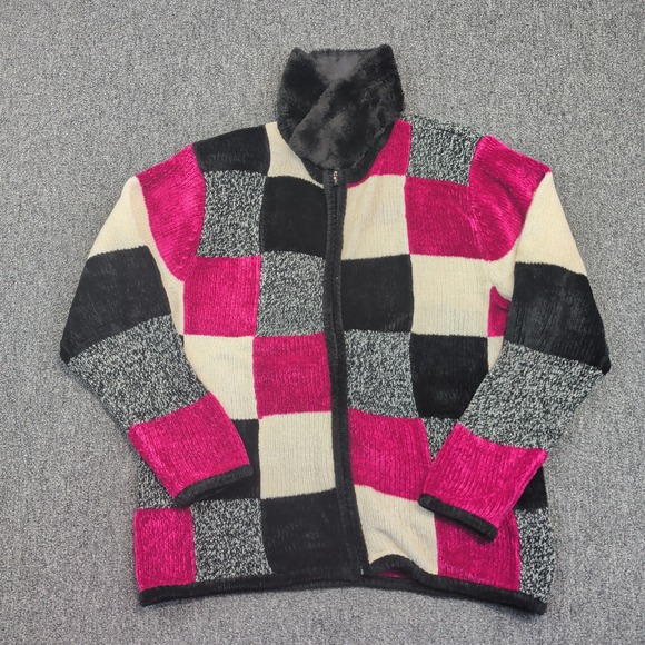 Dressbarn Vintage Y2K Colorblock Patchwork Zip Cardigan XL Pink Faux Fur Collar — photo 2